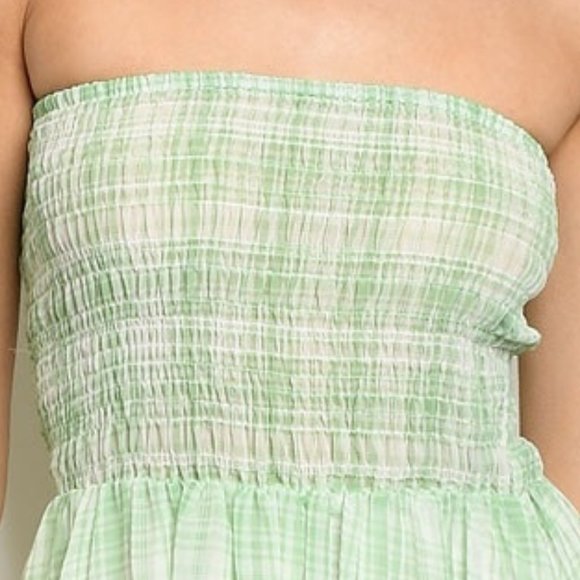 Strapless Sundress Multicolor Plaid Green White Maxi Summer Dress - Picture 3 of 8